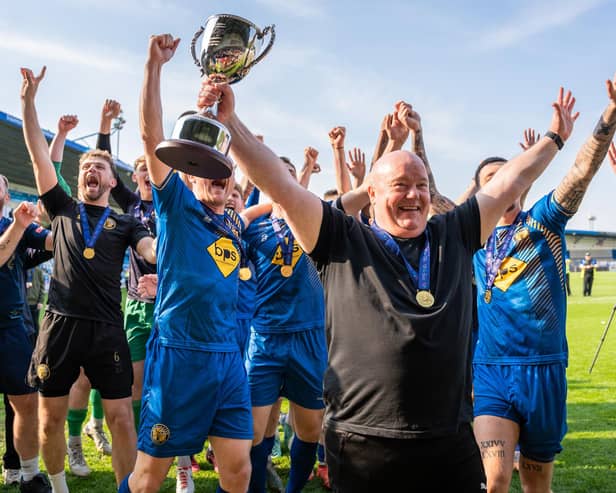 Leamington boss Paul Holleran celebrates a day to remember. Pic: Cameron Murray.