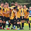 Leamington celebrate their winner. Pic by Sally Ellis.