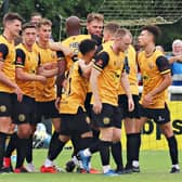 Leamington celebrate their winner. Pic by Sally Ellis.