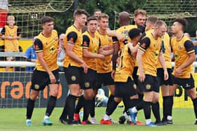 Leamington celebrate their winner. Pic by Sally Ellis.