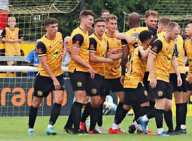 Leamington celebrate their winner. Pic by Sally Ellis.
