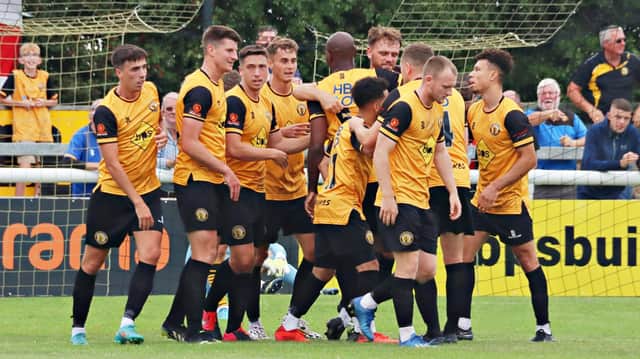 Leamington celebrate their winner. Pic by Sally Ellis.