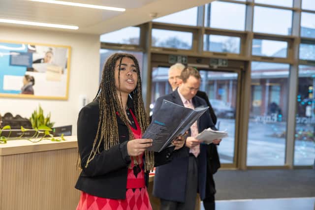 Pupil, Rose reading her poem, 'As the Romans'. Photo by Victoria Jane Photography