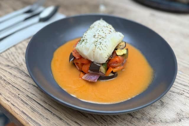 Lemon Baked Cod Loin with Roasted Vegetables and Lobster Bisque