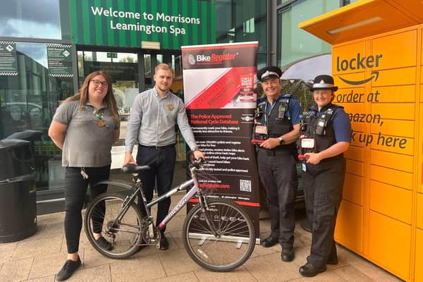 A bike tagging event is being held in Leamington this weekend. Photo shows: Morrisons community champion Alex Pearson, store manager Rob Apted and PCSO officers Steve and Nicky. Photo supplied