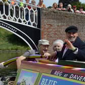 David Suchet pictured opening the 2018 Braunston Historic Narrowboat Rally on the 1958 Braunston-built Raymond narrowboat, together with Aubrey Berriman, who built the boat, and former working boat woman Alice Lapworth.