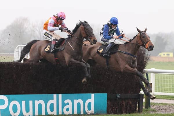 Well Dick (right) leads Bretney over the last fence in the Volcano Handicap Chase