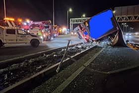 The lorry crashed through the central reservation of the M40 at Junction 3A. Picture courtesy of OPU Warwickshire.