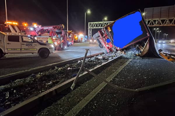 The lorry crashed through the central reservation of the M40 at Junction 3A. Picture courtesy of OPU Warwickshire.