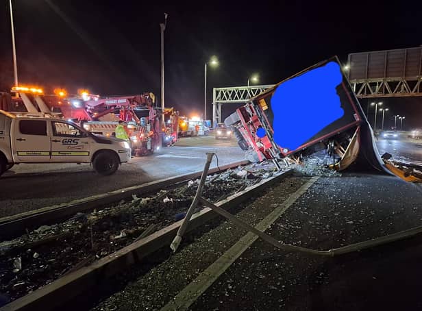 The lorry crashed through the central reservation of the M40 at Junction 3A. Picture courtesy of OPU Warwickshire.
