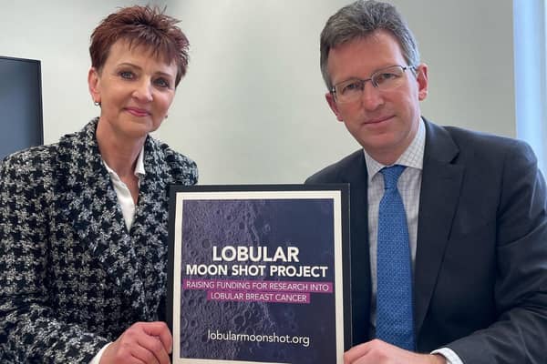 Sir Jeremy Wright MP has pledged his support to Leamington teacher Jayne Brumpton – who is one of his constituents - and her fellow Lobular Moon Shot Project campaigners who are aiming to raise funding for research at the Institute of Cancer Research into lobular breast cancer. Picture supplied.