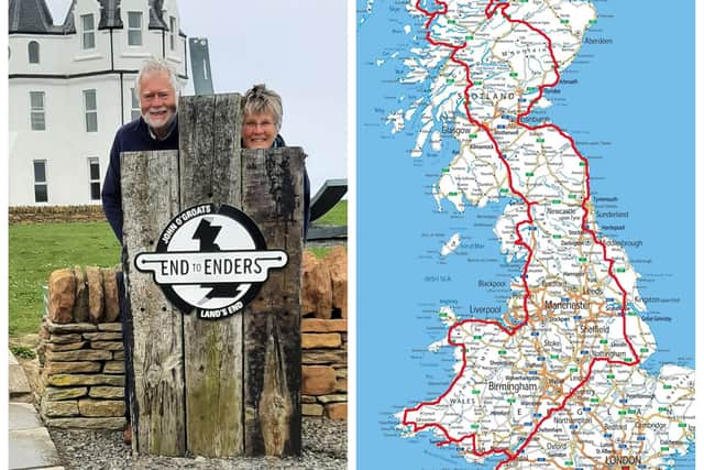 Left: John and Kate Redshaw at John O' Groats. Right: The route the couple took on their 'journey of a lifetime'. Pictures supplied.
