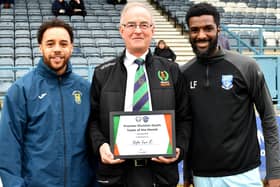 Justin Marsden and Liam Francis collected the Team of the Month award for January from UCL chairman Alan Poulain ahead of Rugby Town's home game last weekend. Pictures by Martin Pulley