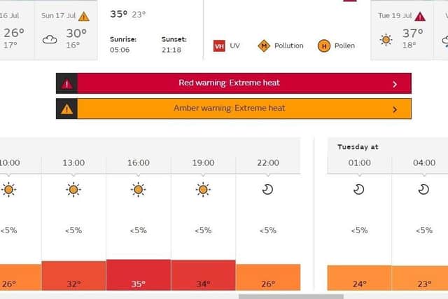 The Met Office has issued a red warning for Warwickshire as temperatures are set to soar above 35c across the county and UK on Monday and Tuesday.