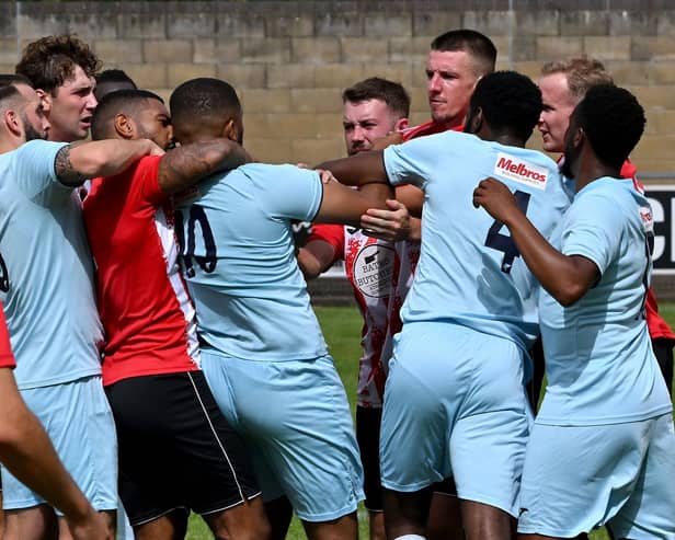 Tempers flared during Rugby Town's final pre-season friendly of the summer against Atherstone. Picture by Martin Pulley