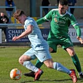 Tom Fielding in action for Rugby Town during their 1-0 defeat to Newport Pagnell Town. Picture by Martin Pulley