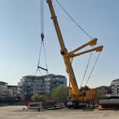The large crane which will be used to lift new bridge onto huge transporter vehicle