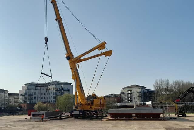 The large crane which will be used to lift new bridge onto huge transporter vehicle