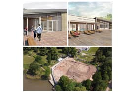 Top left and right: CGIs of the new Abbey Fields swimming pool. Bottom: The aerial view of the construction site in Abbey Fields.