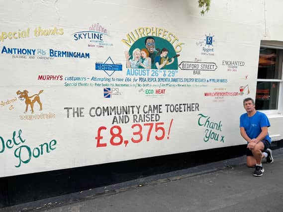 Murphy's Bar owner Kevin Murphy by the wall of the Leamington pub on which a mural has been painted to pay tribute to the success of its sixth Murph Fest charity fundraising event and to all those who contributed to it. Picture supplied.