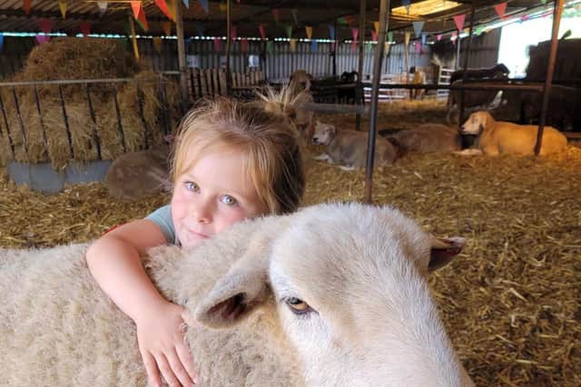Sarah and Ben's daughter Bayley, 4, with Merrick at the rescue sanctuary.
