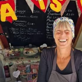 Daisy Hampshire, 55, pictured on her boat running Daisy's Bakin Butty.