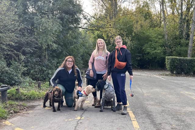 Alex Pearson (left) with her dogs Archie and Chester with Julie Pye and Katrina Welton from Young People First and Bruce. Photo supplied