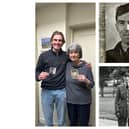 Adam Hart and Helen with Adam's great grandfather Frank Griffiths (pictured top right) and Helen's father Flight Officer Sydney John Congdon (bottom right). Credit: Adam Hart.