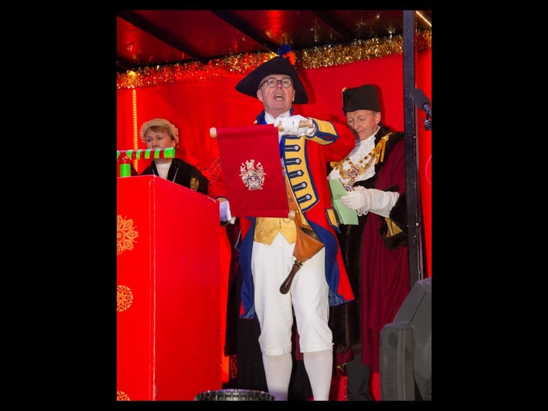 Town Crier Michael Reddy at the Christmas lights switch on.
