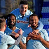 Rugby Town celebrate one of their goals in last weekend's 5-3 victory at Coventry United. Pictures by Martin Pulley