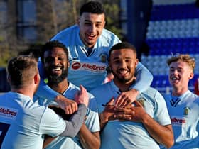 Rugby Town celebrate one of their goals in last weekend's 5-3 victory at Coventry United. Pictures by Martin Pulley