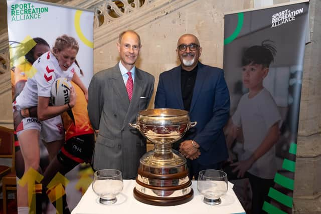 Harvinder ‘Babs’ Kandola with HRH Prince Edward The Duke if Edinburgh at the Sport + Leisure Alliance's AGM 2023. Photo by Alex Daniels (www.aj-esq.co.uk)