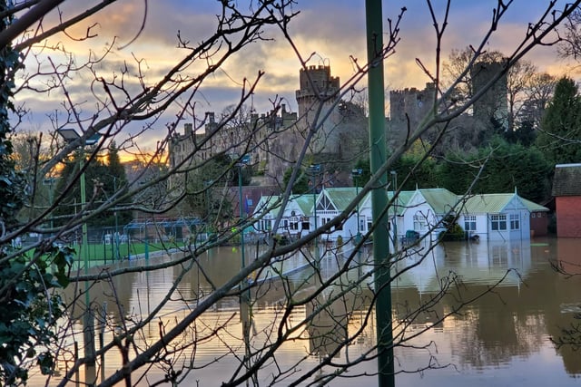 Flooding in the area surrounding Warwick Castle.