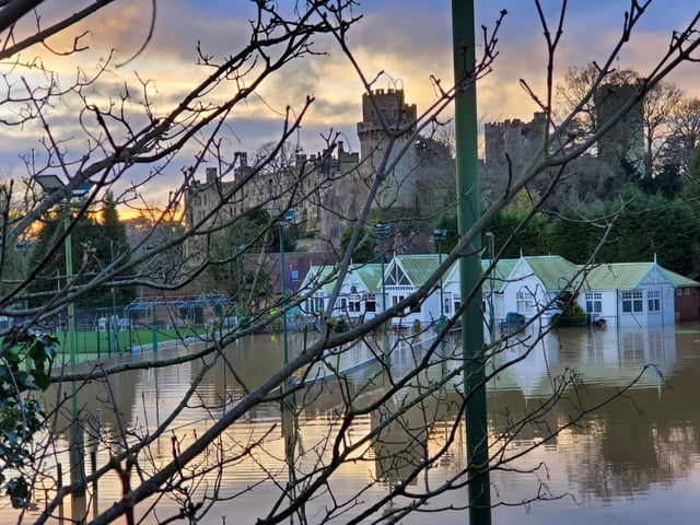 Flooding in the area surrounding Warwick Castle.