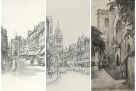 Left: Joseph Pike High Street pencil drawing 1929. Middle: E Scott-Jones Regent Street late 70s. Right: The Old Parish Church Rugby Edwin M Betts 1918.