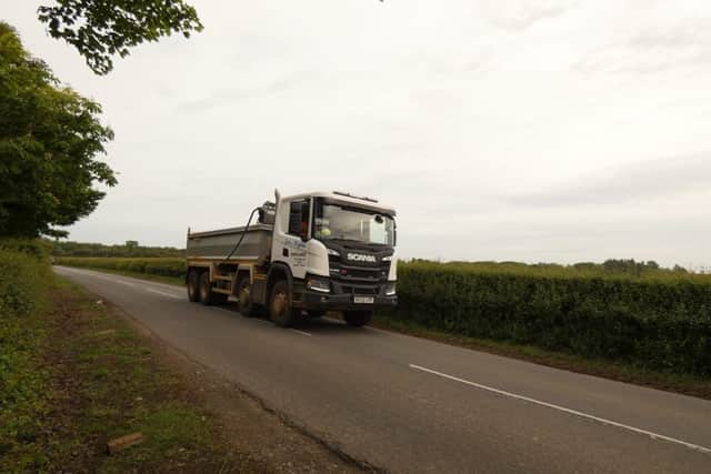 A HGV driving on the road outside Mark Hancokc's house on the Long Itchington Road in Hunningham.