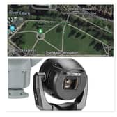 Top: The blue dot shows where the CCTV camera and column would be located in The Pump Room Gardens.
Bottom: The type of CCTV camera which would be installed.