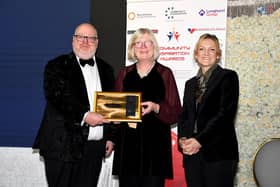 Whittle Productions Co-Directors David Clargo and Carole Sleight receiving the Cultural Heritage &amp; Arts Award at the Community Inspiration Awards from Rebecca Tigue, Sixth Form Principle of the University College Birmingham. Photo credit: Irfan Tahir.