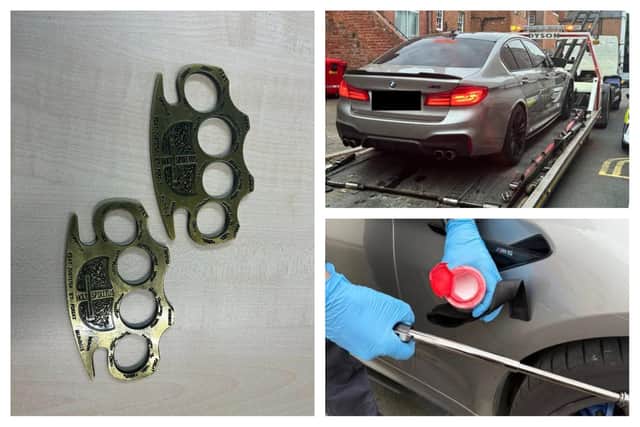 The man was found with a retractable baton, knuckle dusters and a pot of white powder which has been sent away for testing. Police also arranged for his BMW M5 to be seized. Photos courtesy of Leamington Police.