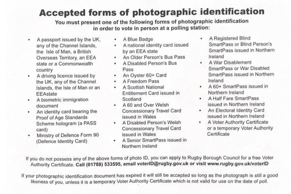 Rugby Borough Council has issued a card offering guidance on Voter ID - in addition to the usual polling cards, that also have a reminder on them about the change.