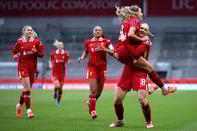 Leanne Kiernan celebrates scoring Liverpool's winning goal against West Ham in the WSL on Sunday. The Reds travel to Rugby Borough on Sunday