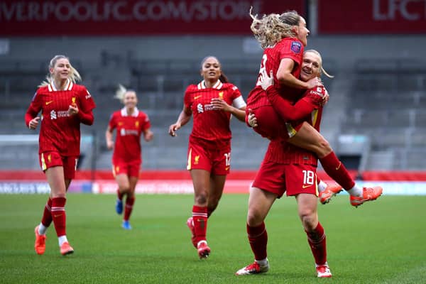 Leanne Kiernan celebrates scoring Liverpool's winning goal against West Ham in the WSL on Sunday. The Reds travel to Rugby Borough on Sunday