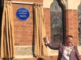 Cllr Richard Eddy unveiling a Blue Plaque for J.R.R Tolkien and Edith Bratt in Warwick in 2018. Photo supplied by Warwick Town Council