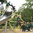 Flying the flag - Rugby Borough Council's grounds team celebrate the Green Flag success in Caldecott Park.