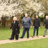 Cllr Judy Falp, Whitnash Mayor Cllr Barry Franklin, Cllr Rob Margrave, and Cllr Adrian Barton all put their best foot forward on the new measured mile path at Washbourne Field.