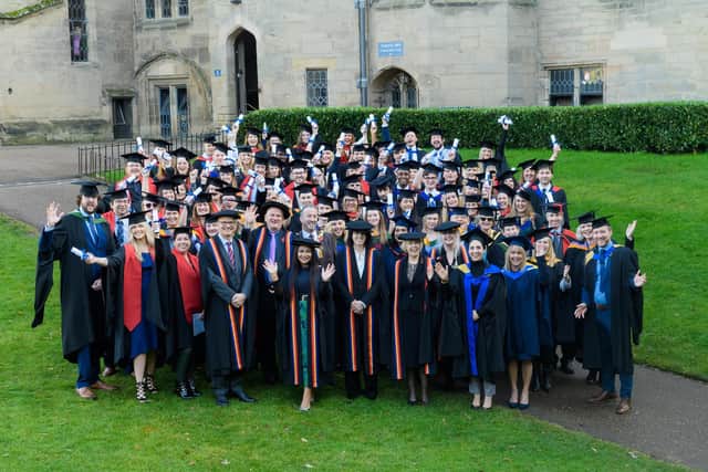 Graduates from Royal Leamington Spa College's Warwickshire College and University Centre (WCUC) pose for a celebratory photograph at Warwick Castle. Picture supplied.