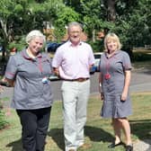 Rugby MP Mark Pawsey with Myton Nurses Faye Sawko and Nicola Hughes at Rugby Myton Support Hub.