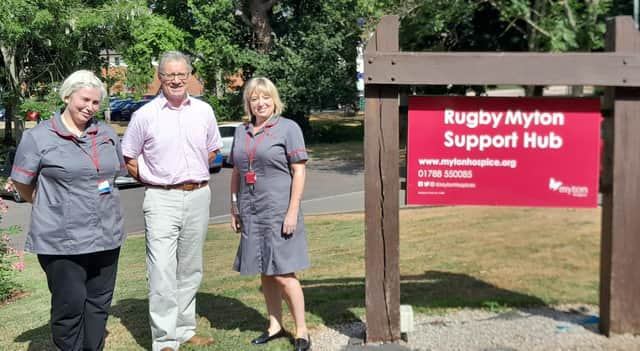 Rugby MP Mark Pawsey with Myton Nurses Faye Sawko and Nicola Hughes at Rugby Myton Support Hub.