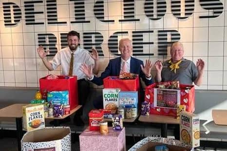 Donating food to people in Rugby.