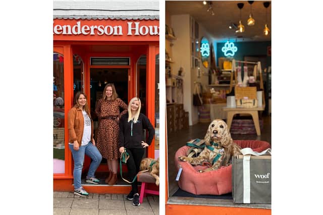 Left: Claire and Victoria of Henderson Hound with The Spaniel Guru Hannah Antrobus. Right: spaniel Bailey in the shop window at Henderson Hound. Credit: Henderson Hound.